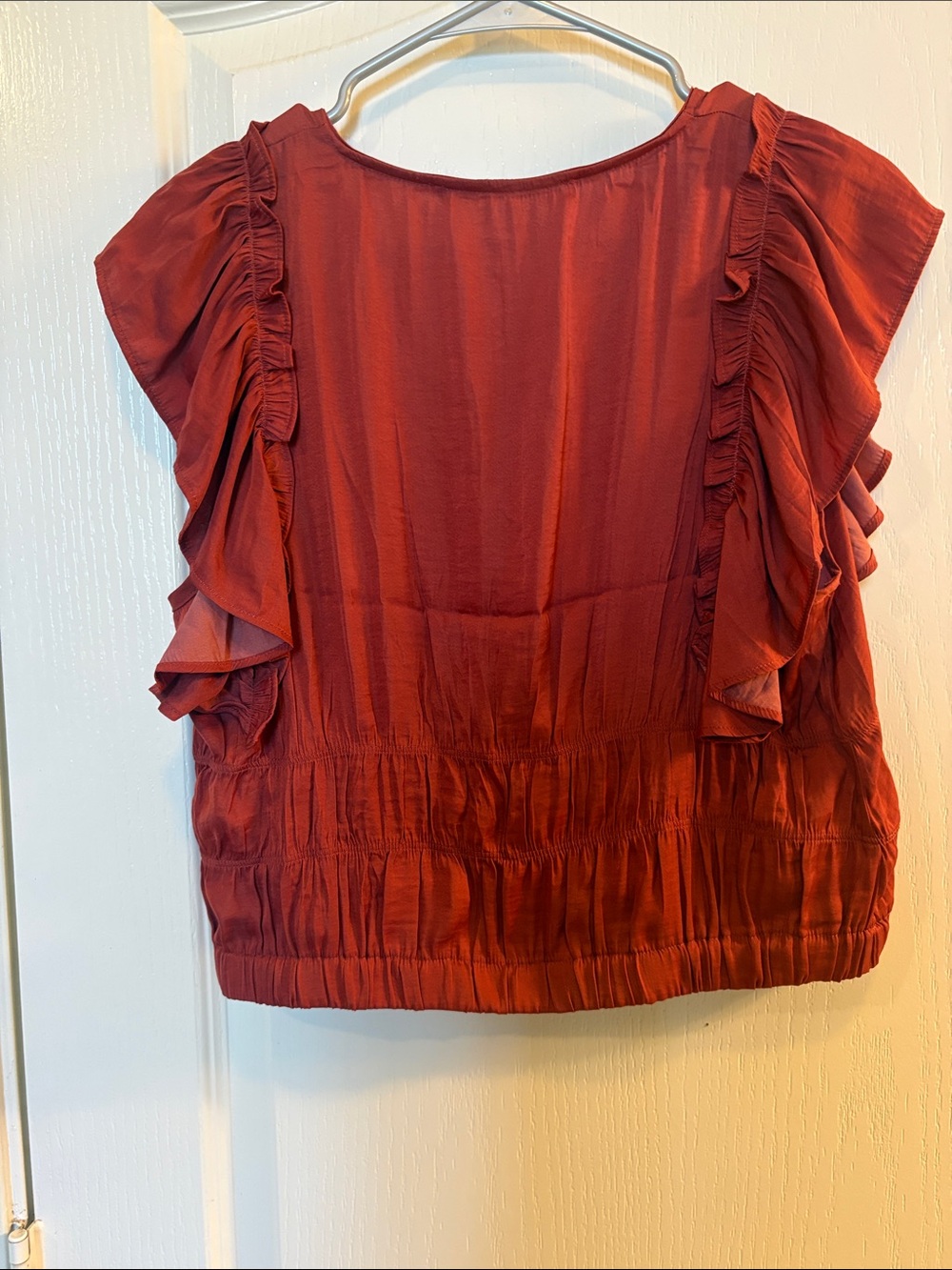Andrew Marc Rust Ruffle-Sleeve Button Front Blouse - Picture 8 of 8